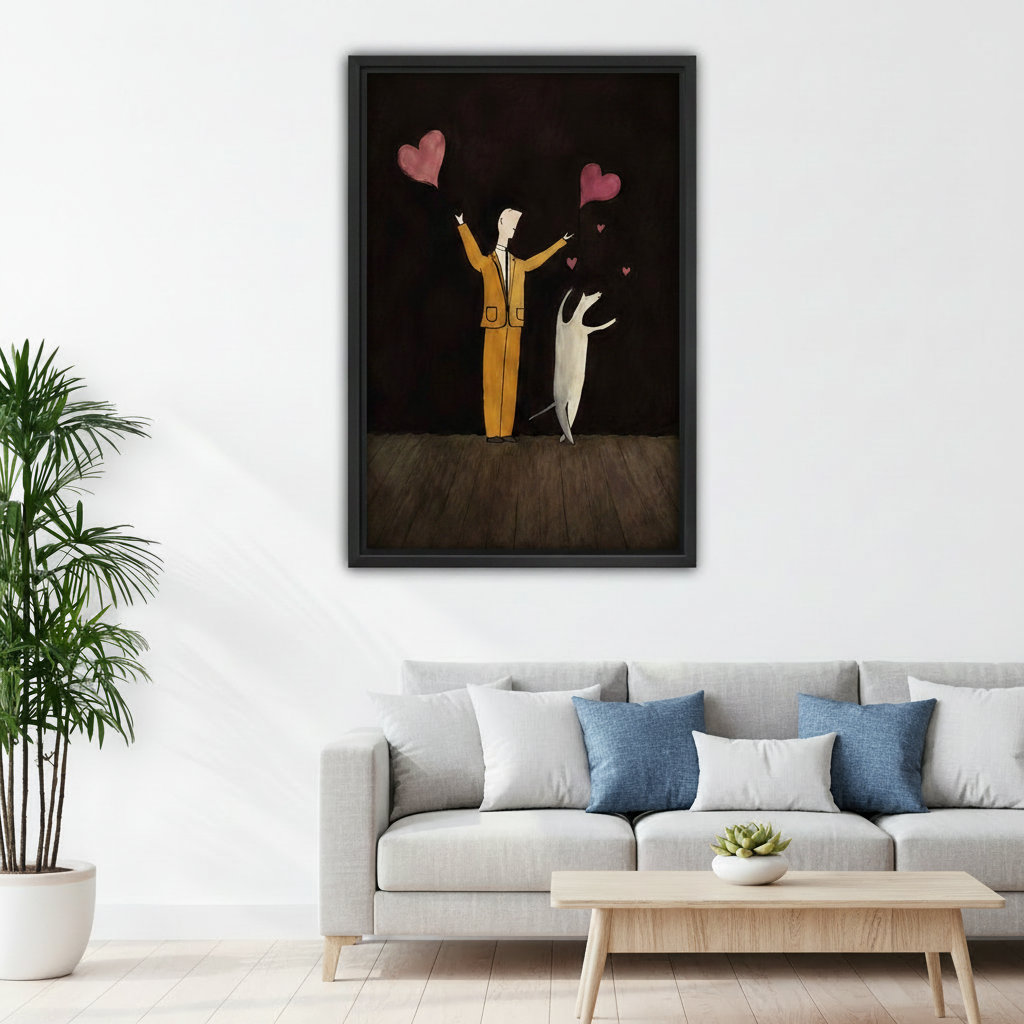 Whimsical man and dog hearts folk art framed canvas above gray sofa in modern living room