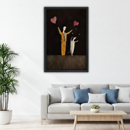Whimsical man and dog hearts folk art framed canvas above gray sofa in modern living room