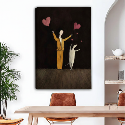 Frameless gallery wrap canvas print of whimsical man and dog love hearts illustration, dark background wall art