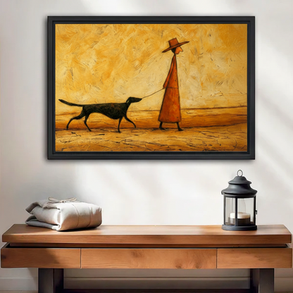 Black framed oil painting canvas of a stylized man in an orange coat and wide-brim hat walking a sleek black dog on a leash across a golden desert landscape, displayed above a rustic wooden console table with a lantern