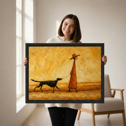 Woman holding a large black-framed canvas art print of a minimalist oil painting depicting a figure in an orange coat and wide-brim hat walking a black dog across a warm golden desert landscape