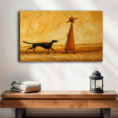 Frameless gallery-wrap canvas of a minimalist figurative painting showing a man in a rust-orange coat and hat leading a black dog across a warm amber desert plain, hung above a wooden console table