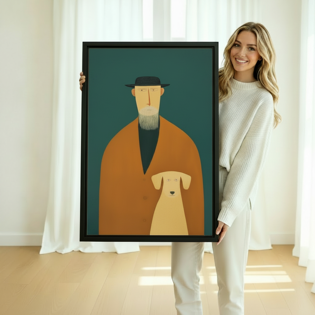 Woman holding large framed mid-century bearded man with hat and yellow dog portrait wall art print in black frame showing actual print size in bright white studio with sheer curtains