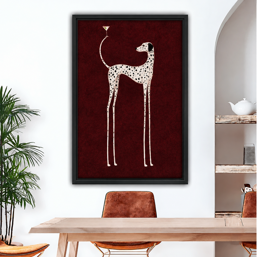 Framed martini dalmatian canvas wall art above a wooden dining table with tan leather chairs