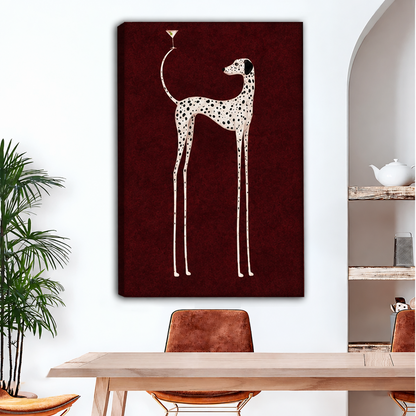 Unframed gallery-wrap martini dalmatian canvas wall art with burgundy edges over a dining table