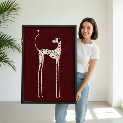 Smiling woman holding framed martini dalmatian canvas wall art to show its real size