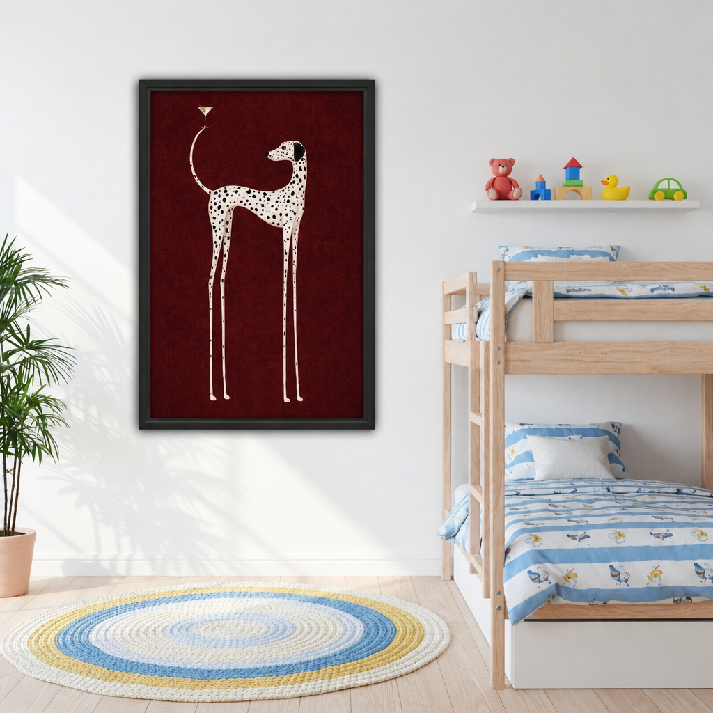 Martini dalmatian canvas wall art hanging in a sunny kids room beside a wooden bunk bed