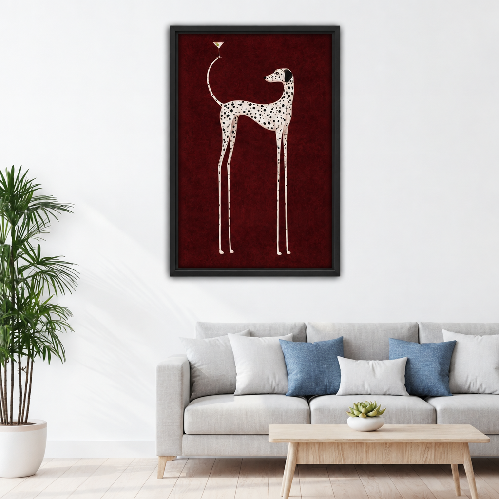 Martini dalmatian canvas wall art in a black frame above a grey sofa with blue cushions