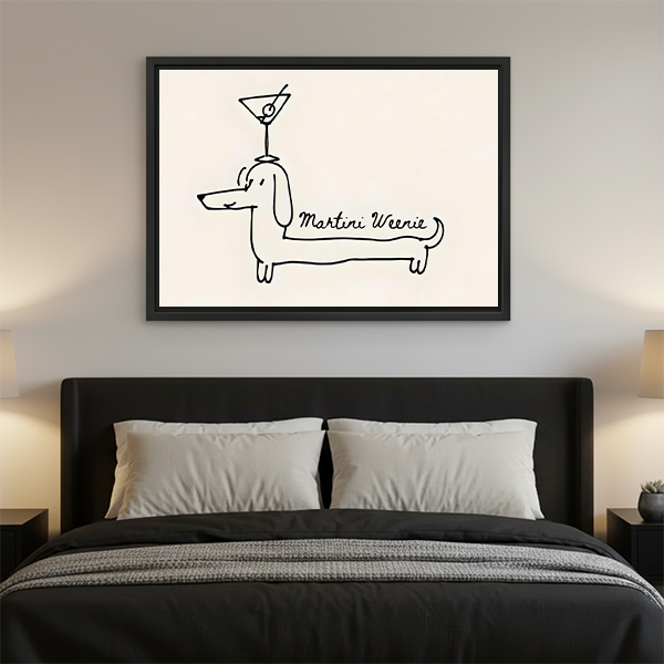 Martini Weenie dachshund minimalist line art framed print displayed as bedroom wall decor above a dark upholstered bed with warm ambient lighting