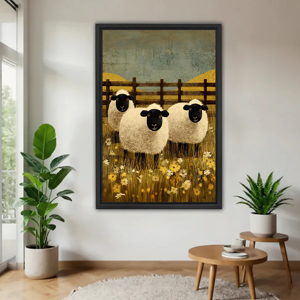 Black-framed meadow sheep canvas wall art featuring three sheep and wildflowers beside a bed with rust bedding.