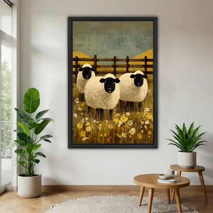 Black-framed meadow sheep canvas wall art featuring three sheep and wildflowers beside a bed with rust bedding.