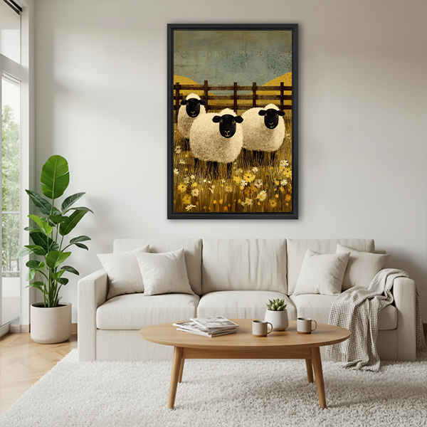 Woman holding black-framed meadow sheep canvas wall art featuring three black-faced sheep in a golden flower-filled pasture.