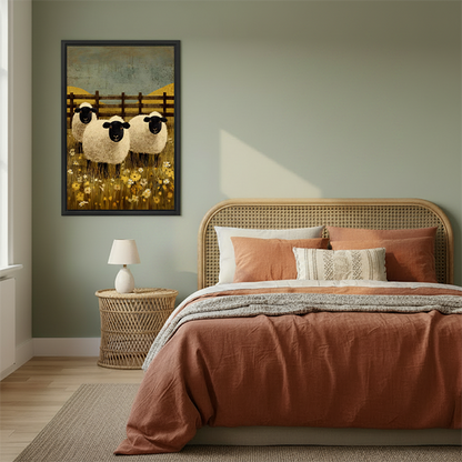 Black-framed meadow sheep canvas wall art with cream-colored sheep, yellow flowers, and a gray-green sky between plants.