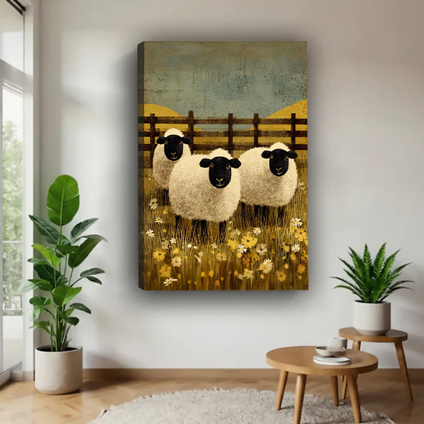 Gallery-wrap meadow sheep canvas wall art showing three black-faced sheep among wildflowers, displayed between potted plants.