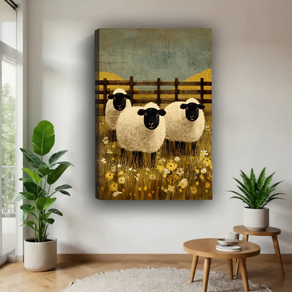 Gallery-wrap meadow sheep canvas wall art showing three black-faced sheep among wildflowers, displayed between potted plants.