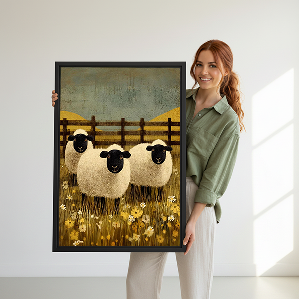 Rustic meadow sheep canvas wall art with three fluffy sheep and a wooden fence, black-framed above a cream sofa.