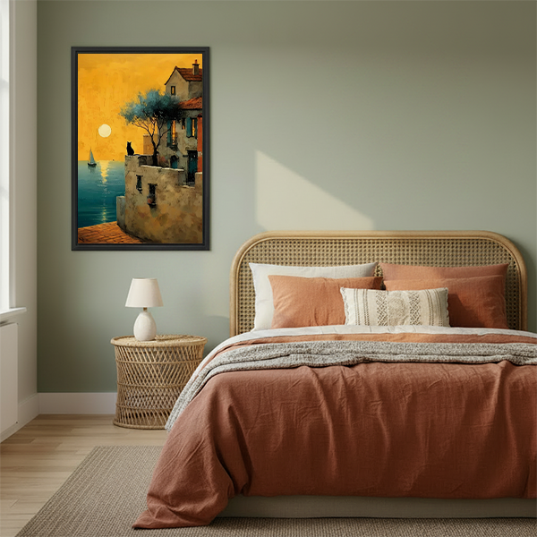 Mediterranean cat sunset framed canvas art above rattan bed in warm sage green boho bedroom with terracotta bedding