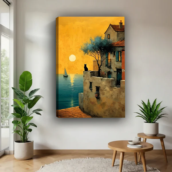 Mediterranean cat sunset gallery wrap canvas unframed wall art hanging in modern living room with green plants