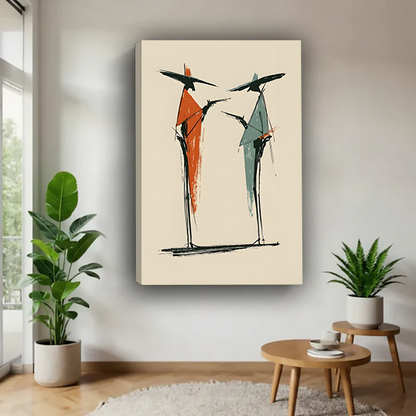 Mid-century modern abstract figures gallery wrap canvas art displayed in minimalist living room