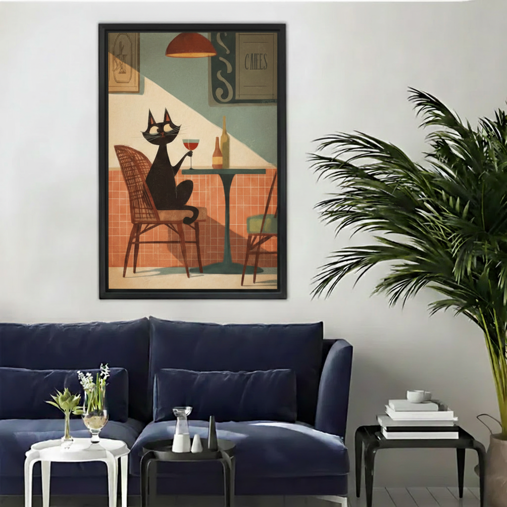 Mid-century modern black cat cafe framed canvas wall art displayed above a navy blue sofa in a stylish living room