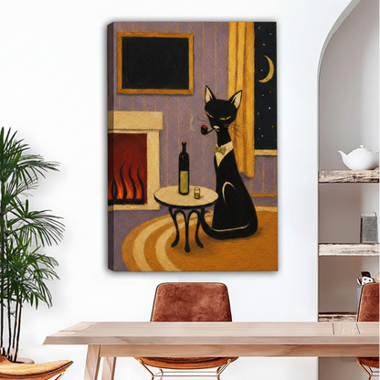 Mid-century modern black cat canvas wall art unframed displayed above dining table in contemporary home