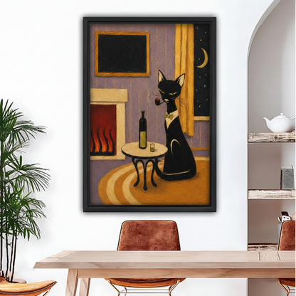 Framed mid-century black cat canvas wall art with black floating frame hanging in modern dining room
