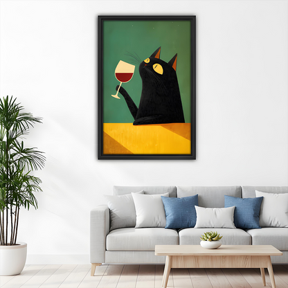 Framed mid-century black cat wine canvas wall art displayed above white sofa with blue accent pillows in living room