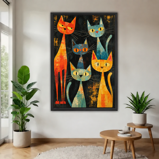 Black framed mid century colorful cats canvas wall art displayed in a bright living room