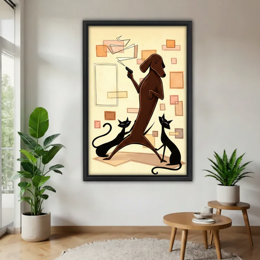 Mid-century dachshund and black cats retro wall art in black frame, displayed in modern living room with green plants