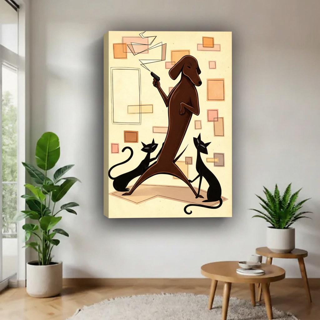 Frameless gallery wrap canvas of mid-century dachshund cat retro art print hanging in bright minimalist living room