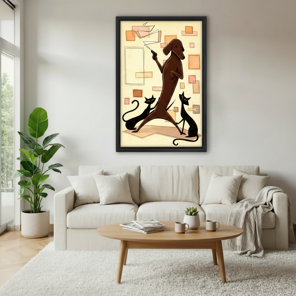 Retro dachshund cat mid-century art print in black frame above cream sofa in Scandinavian style living room