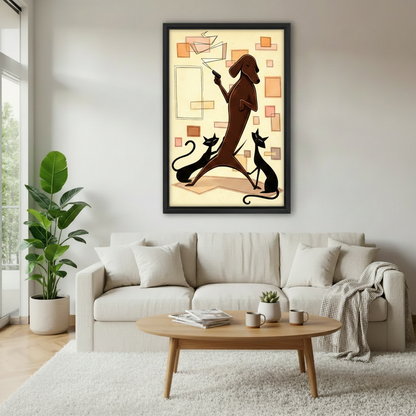 Retro dachshund cat mid-century art print in black frame above cream sofa in Scandinavian style living room
