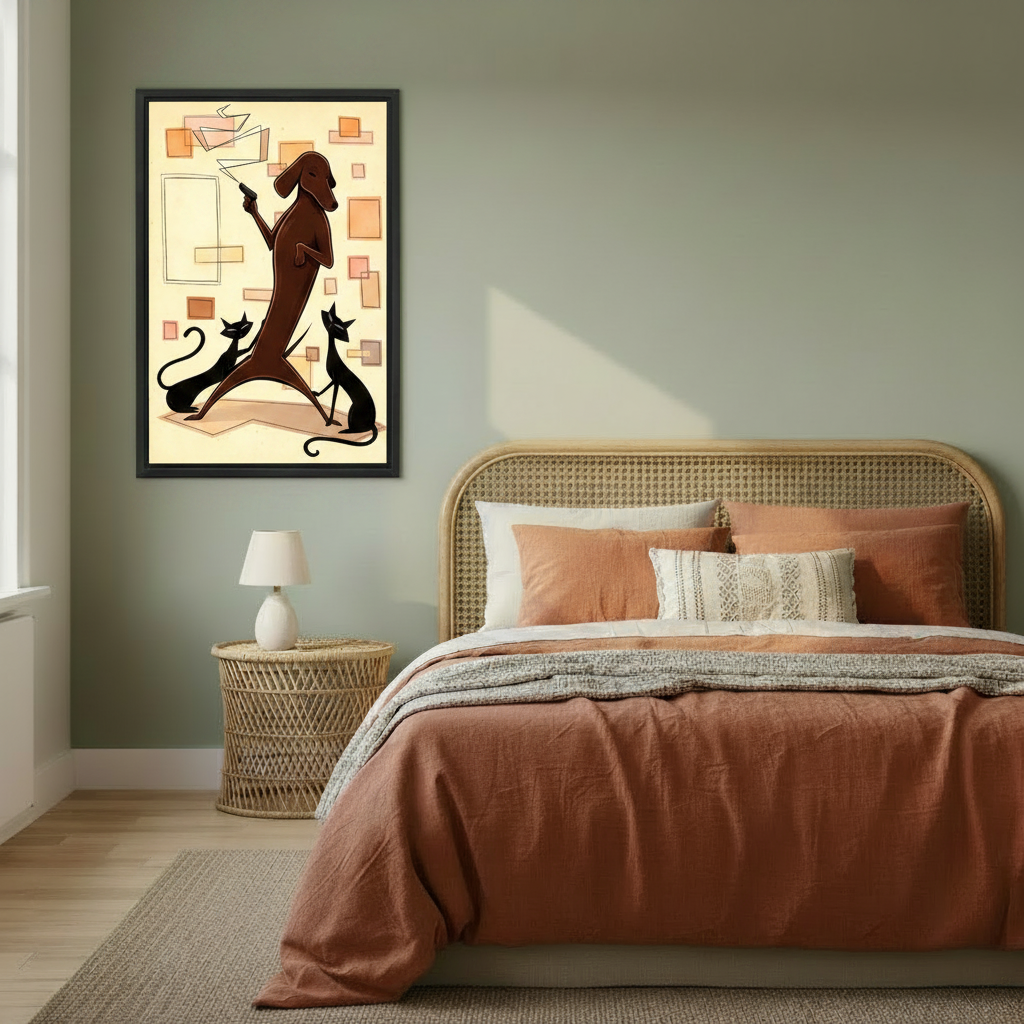 Vintage mid-century dachshund and cats wall art in black frame on sage green bedroom wall above rattan bed