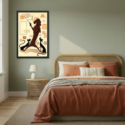 Vintage mid-century dachshund and cats wall art in black frame on sage green bedroom wall above rattan bed