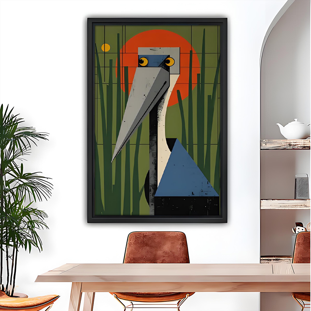 Mid-century modern heron geometric framed canvas wall art in black frame above light wood dining table with leather chairs and arched mirror