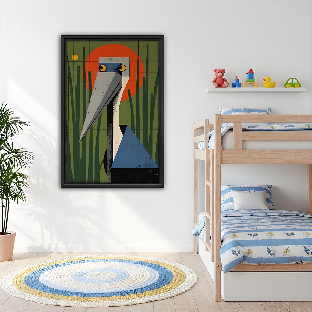 Mid-century modern heron geometric framed canvas wall art hung on white wall beside wooden bunk bed in children's bedroom with colorful toys and round rug