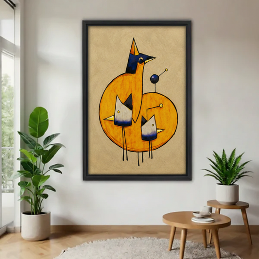 Mid-century modern abstract bird canvas wall art in black floater frame on white wall with flanking green plants