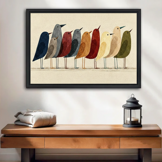 Mid-century modern colorful birds framed canvas wall art displayed above wooden console table in entryway
