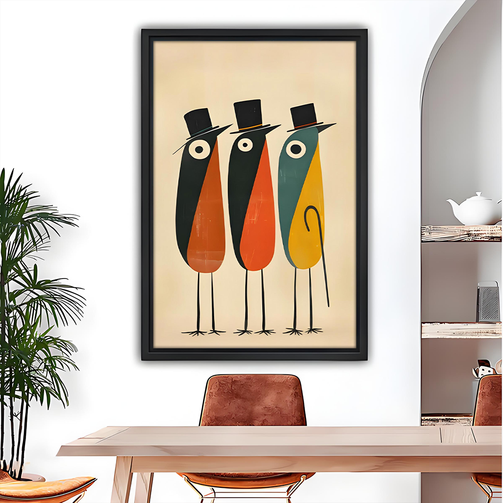Framed mid-century modern birds in top hats canvas wall art with orange teal and mustard tones above dining table