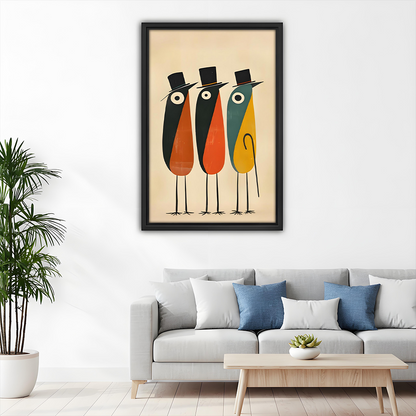 Framed mid-century modern birds in top hats canvas wall art displayed above white sofa with blue accent pillows in modern living room