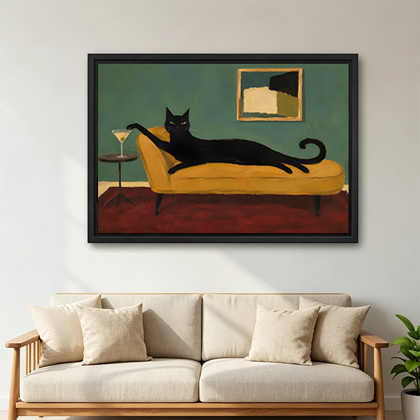Mid-century modern black cat on mustard chaise framed canvas wall art above beige linen sofa in living room