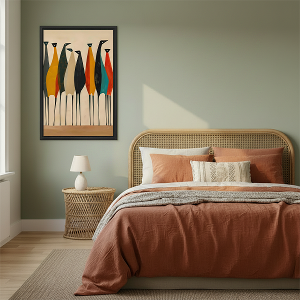 Mid-century modern colorful birds minimalist framed canvas wall art on sage green wall above rattan bed in warm boho bedroom