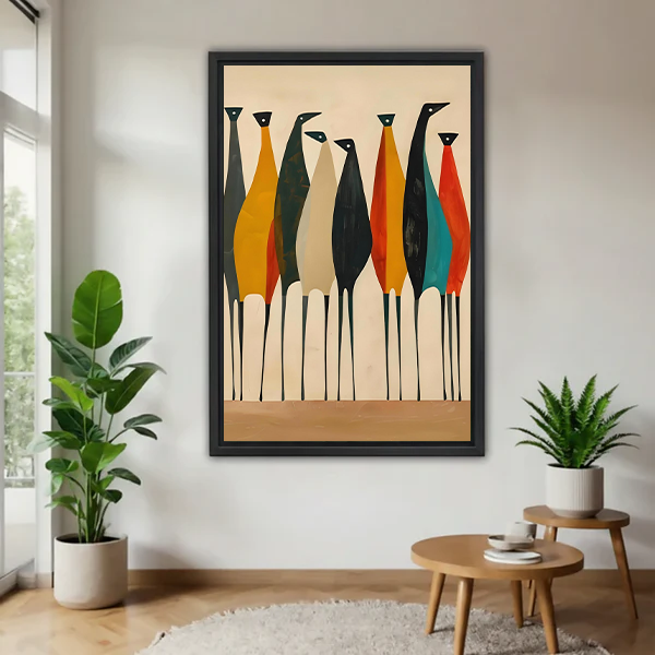 Mid-century modern colorful birds minimalist framed canvas wall print in neutral living room with greenery and wooden side tables