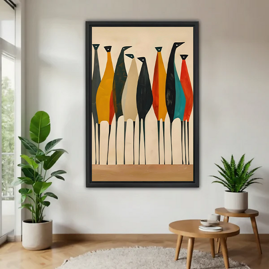 Mid-century modern colorful birds minimalist framed canvas wall print in neutral living room with greenery and wooden side tables