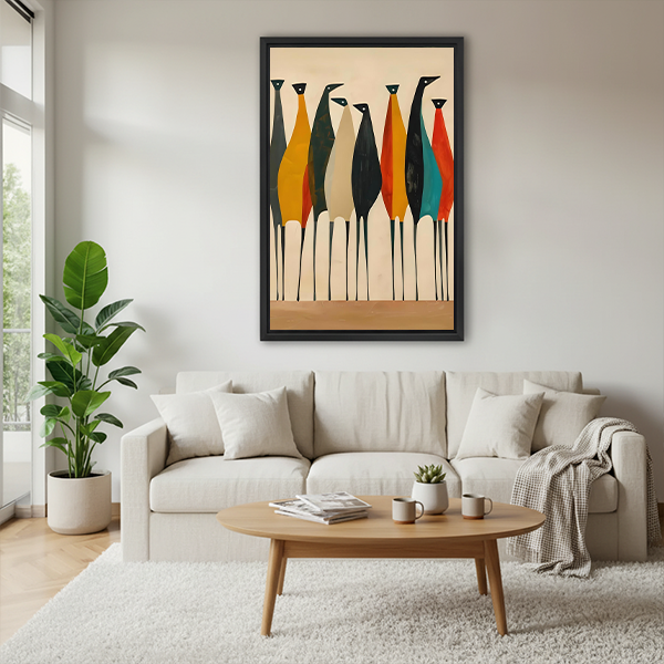 Mid-century modern colorful birds minimalist framed canvas wall art above cream sofa in bright Scandinavian living room with plants