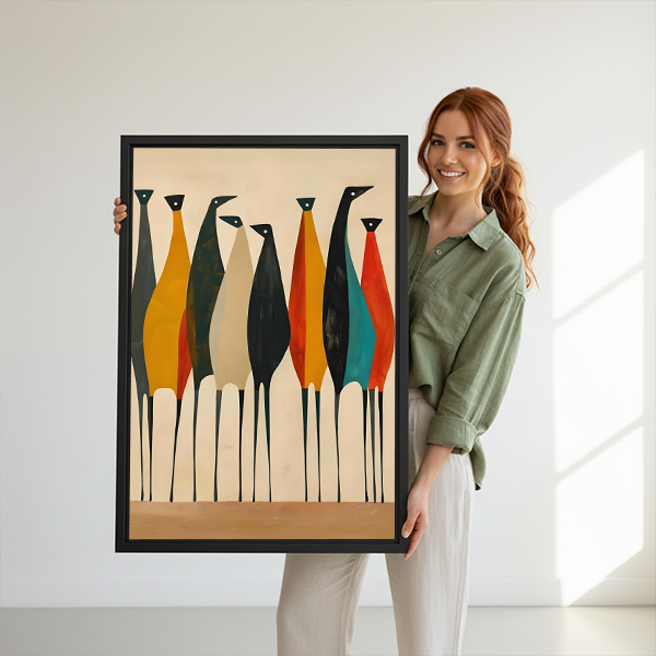 Woman holding large framed mid-century modern colorful birds minimalist canvas wall art print size reference