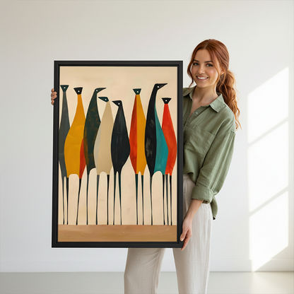 Woman holding large framed mid-century modern colorful birds minimalist canvas wall art print size reference