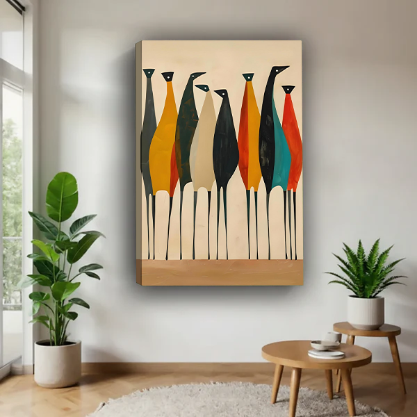 Mid-century modern colorful birds minimalist gallery wrap canvas wall art in modern living room with tropical plants and round wooden table