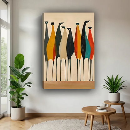 Mid-century modern colorful birds minimalist gallery wrap canvas wall art in modern living room with tropical plants and round wooden table