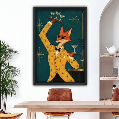 Mid-century modern fox bartender gold star suit martini tray black framed canvas wall art on white wall above oak dining table with leather chairs and tropical plant